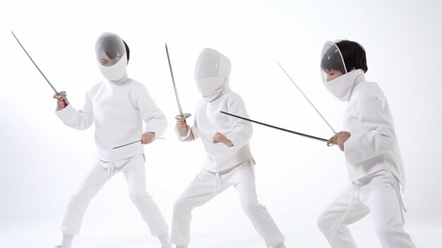 写真 白いフェンシングスーツを着た男性が剣を握っています