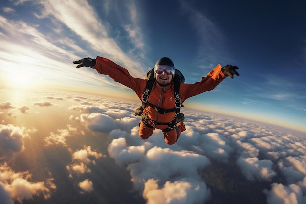사진 주황색 재킷을 입은 남자가 두 손을 들고 하늘을 날고 있다.