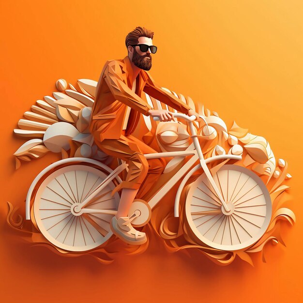 Фото Человек в очках едет на велосипеде на 3d фоне