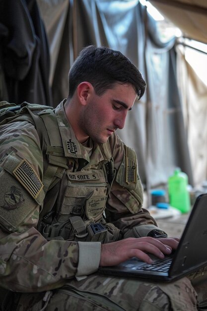 Фото Человек в военной форме использует ноутбук.