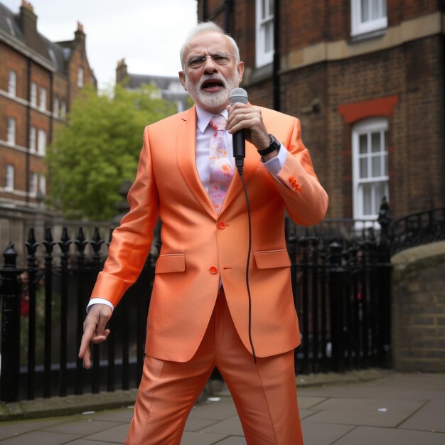 写真 オレンジ色のスーツを着た男がマイクを握っている