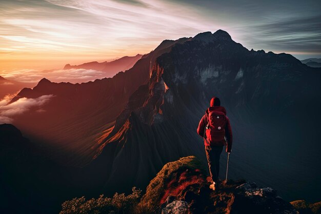 写真 黒いジャケット赤いバックパック黒いズボンを着た男性が登山遠征に参加しています