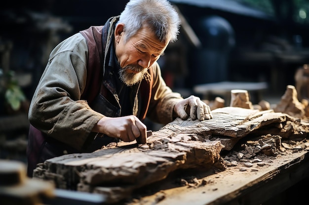 写真 男が地面で木の塊を磨いている