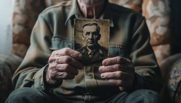 Фото Мужчина держит фотографию мужчины в военной форме