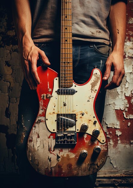 写真 男性が壁の前で赤いエレクトリックギターを握っている