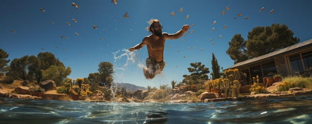 写真 男がプールに飛び込んでいる