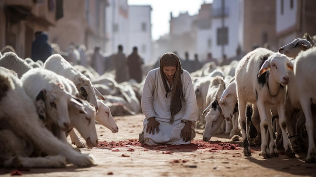 写真 男性が路上でヤギと一緒にひざまずいて祈っています。
