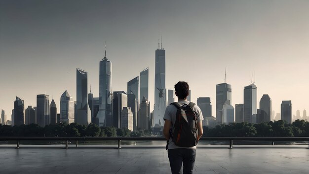 사진 한 남자가 배경에 도시 스카이 라인을 가진 도시 풍경을 보고 있습니다.