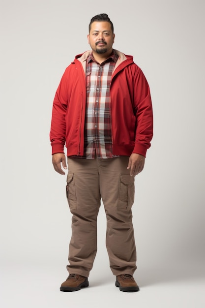 Фото Мужчина позирует в красном пиджаке, клетчатой рубашке и хаки брюках.