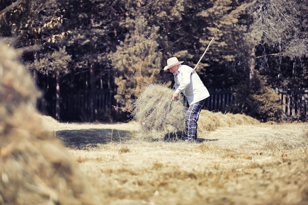 Мужчина сгребает скошенную траву осенний урожай злаков дедушка ухаживает за газоном загородного дома