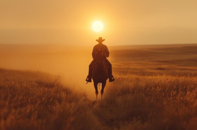 写真 男が馬に乗って野原に乗っている