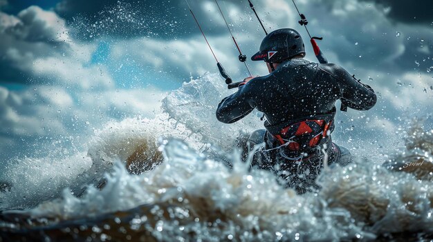 写真 サーフボードに乗って波に乗っている男彼はウェットスーツとヘルメットをかぶっている水は彼の周りに飛び上がっている空はっている