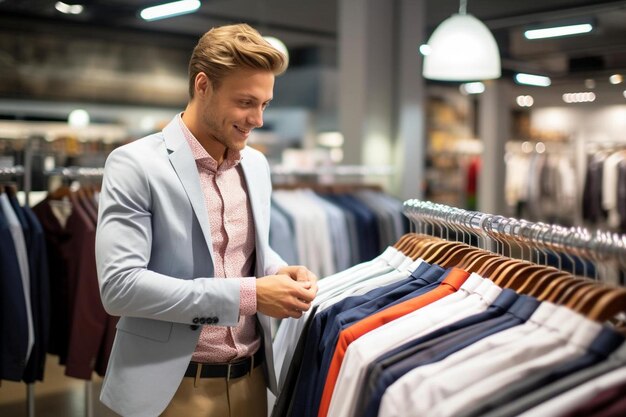 写真 笑顔と書かれたシャツを着て服の店で買い物をしている男性