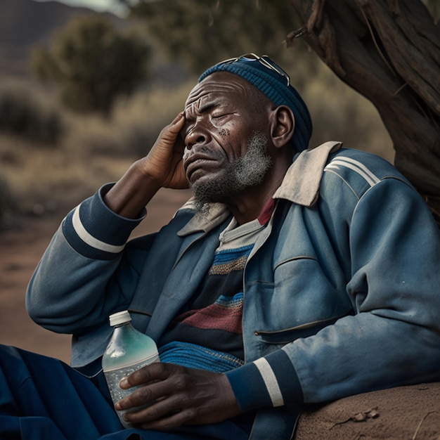 Фото Мужчина сидит в тени с бутылкой воды в руке.