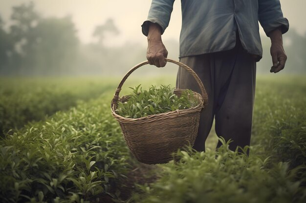 写真 男性が籠を持って茶畑に立っています 生成ai