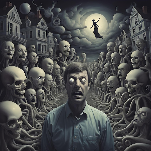 Фото Человек стоит перед кучей глаз осьминога сюрреалистический кошмар