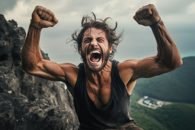 사진 한 남자가 기게 팔을 높이 들고 축하하며 승리와 기을 표현하고, 힘든 암벽 등반 모험을 마친 후 승리를 느다.