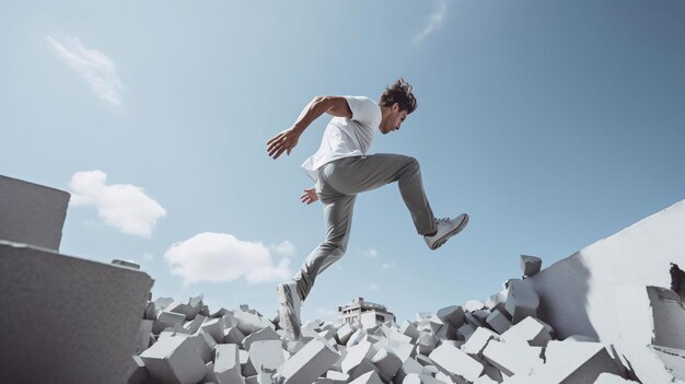 写真 岩の山の上をジャンプする男