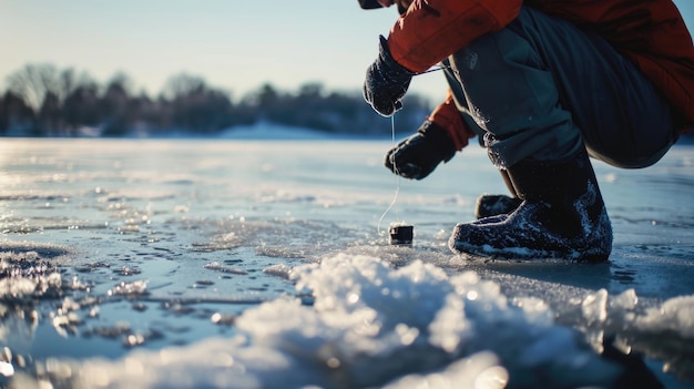 사진 얼어붙은 호수에 무을 고 있는 남자 겨울 자연과 야외 활동에 적합