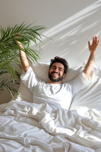 Фото Мужчина лежит на кровати, подняв руки вверх