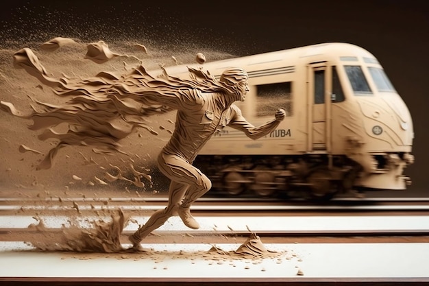 사진 모래  ⁇ 어리 로 만들어진 사람 이 열차  ⁇  에 빠른 속도 로 달린다