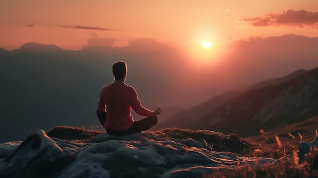 写真 男性が山と夕暮れを背景に瞑想とヨガをしています