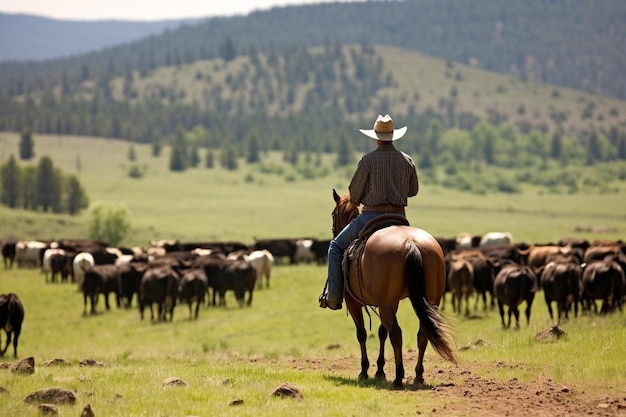 Фото Человек на лошади едет в поле с стадом овец