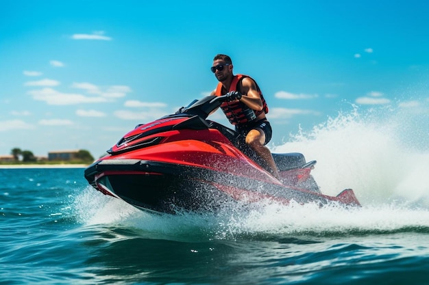 Foto a man on a jet ski is riding a jet ski