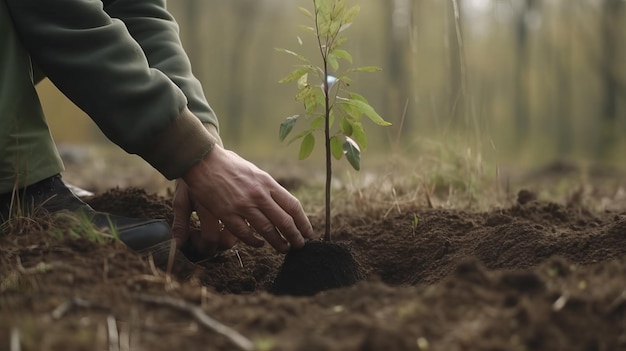 Фото Мужчина сажает дерево в лесу