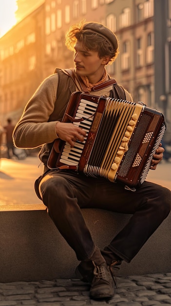 写真 夕暮れの路上でアコーディオンを演奏する男 ⁇