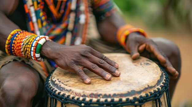 写真 民族的なパーカッション楽器であるジェンベを演奏する男性アフリカの音楽を演奏するドラマー