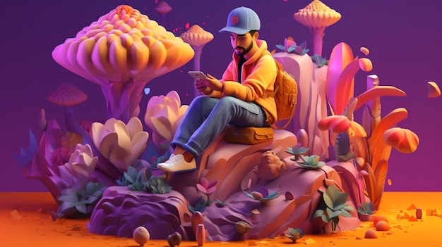 Фото Мужчина, играющий в игру, сидит на скале перед лесом грибов.