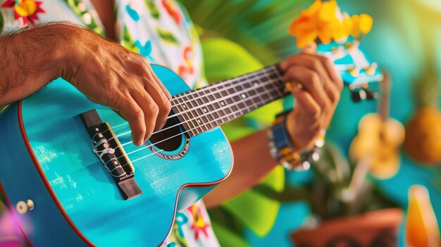 Фото Мужчина играет на укулеле на пляже он носит гавайскую рубашку и укулеле синее фон размыт