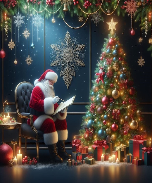 사진 크리스마스 트리 앞에서 책을 읽는 남자