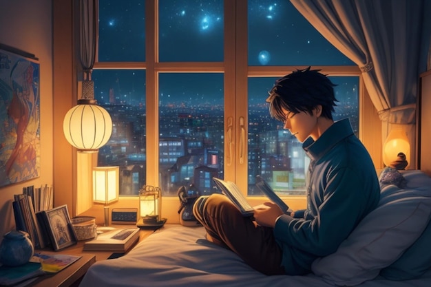 사진 겨울이면 창문으로 도시 불빛이 보이는 그의 아파트에서 책을 읽는 남자