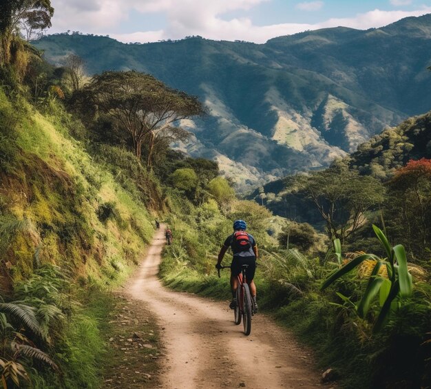 写真 コスタリカの未舗装の道路をマウンテンバイクに乗る男性。