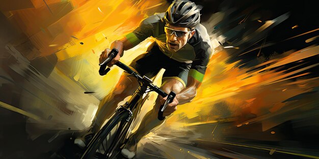 写真 緑色と金色の背景で自転車に乗っている男性生成的なai
