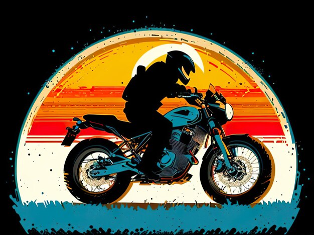 사진 태양이 뒤에 있는 오토바이를 타고 있는 남자.