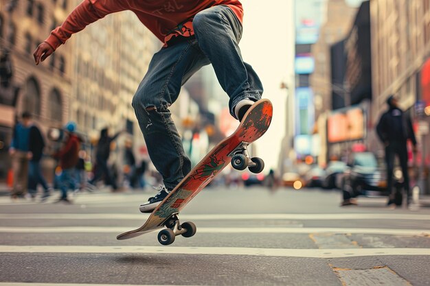 写真 都市のスケートボードを展示する高層ビルで囲まれた街道をスケートボードで走る男性