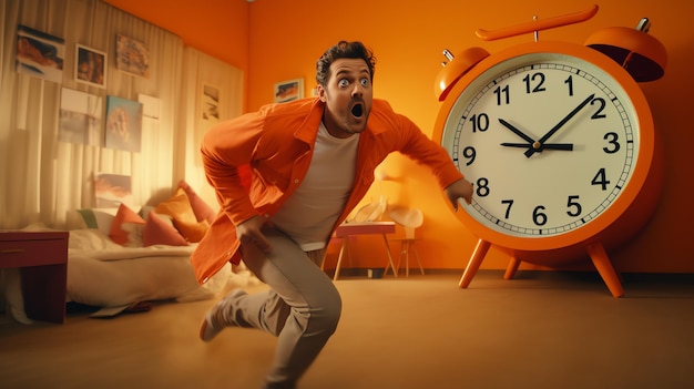 Фото Мужчина бежит по комнате с большими часами