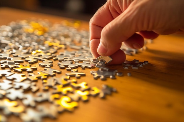 写真 テーブルの上でパズルを組み立てる男性の手