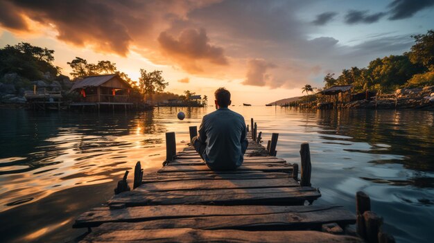 写真 ドックに座って夕暮れの海の美しさを見ている男