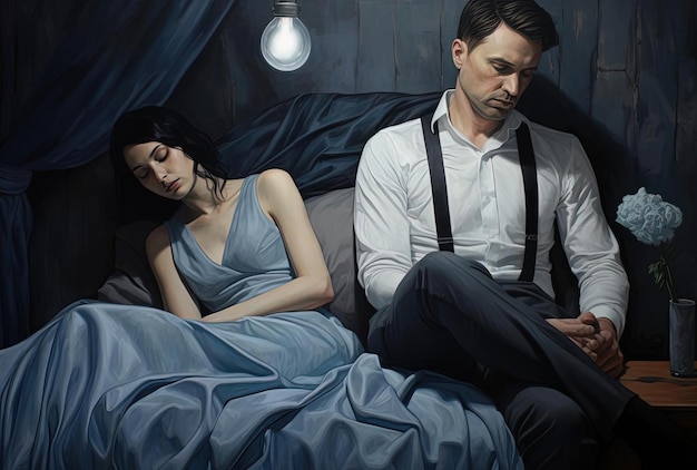 Фото Мужчина сидит в одиночестве на кровати, в то время как его жена спит в стиле womancore