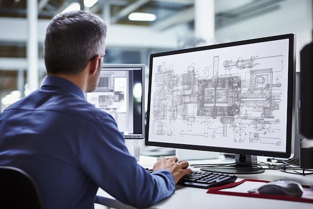 写真 男性がコンピューターに座って背景に建物の図を描いています