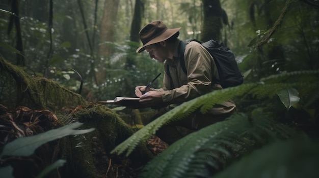 사진 한 남자가 숲에 앉아 공책에 글을 쓰고 있습니다.