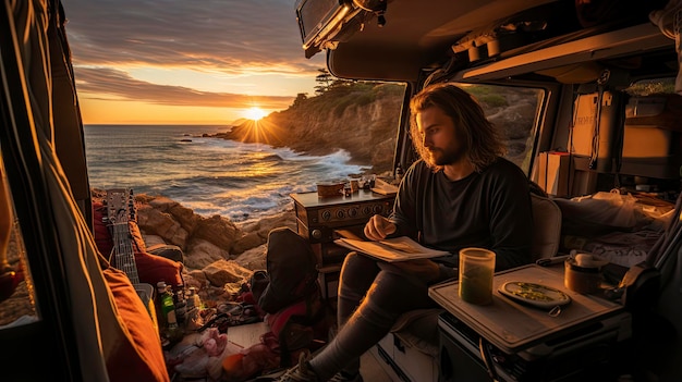 Фото Мужчина сидит в фургоне и читает книгу рядом с видом на океан.