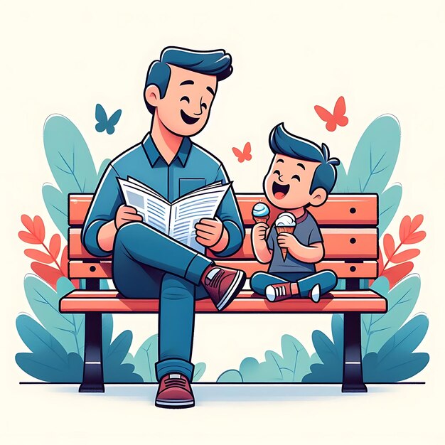 사진 한 남자가 아기와 책과 함께 벤치에 앉아 있다.