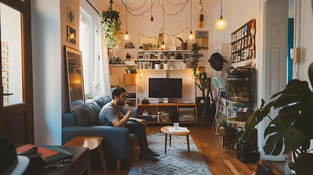 Фото Мужчина сидит на диване в гостиной, комната украшена растениями, произведениями искусства и различной мебелью.