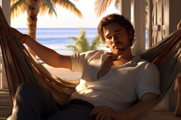 Фото Мужчина, сидящий в гамаке на пляже, наслаждающийся спокойным моментом это изображение может быть использовано для изображения отдыха или тропического отдыха