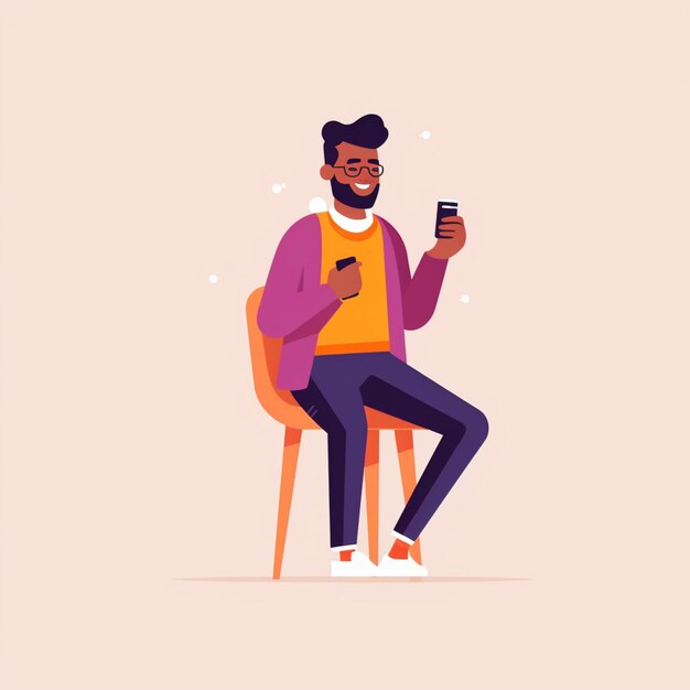 Фото Человек, сидящий на стуле с мобильным телефоном и улыбающимся генеративным ай